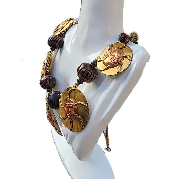 Artisan Contrast Brass Sun Disc Wood Bead Welded Boho Necklace Vintage - Picture 10 of 11